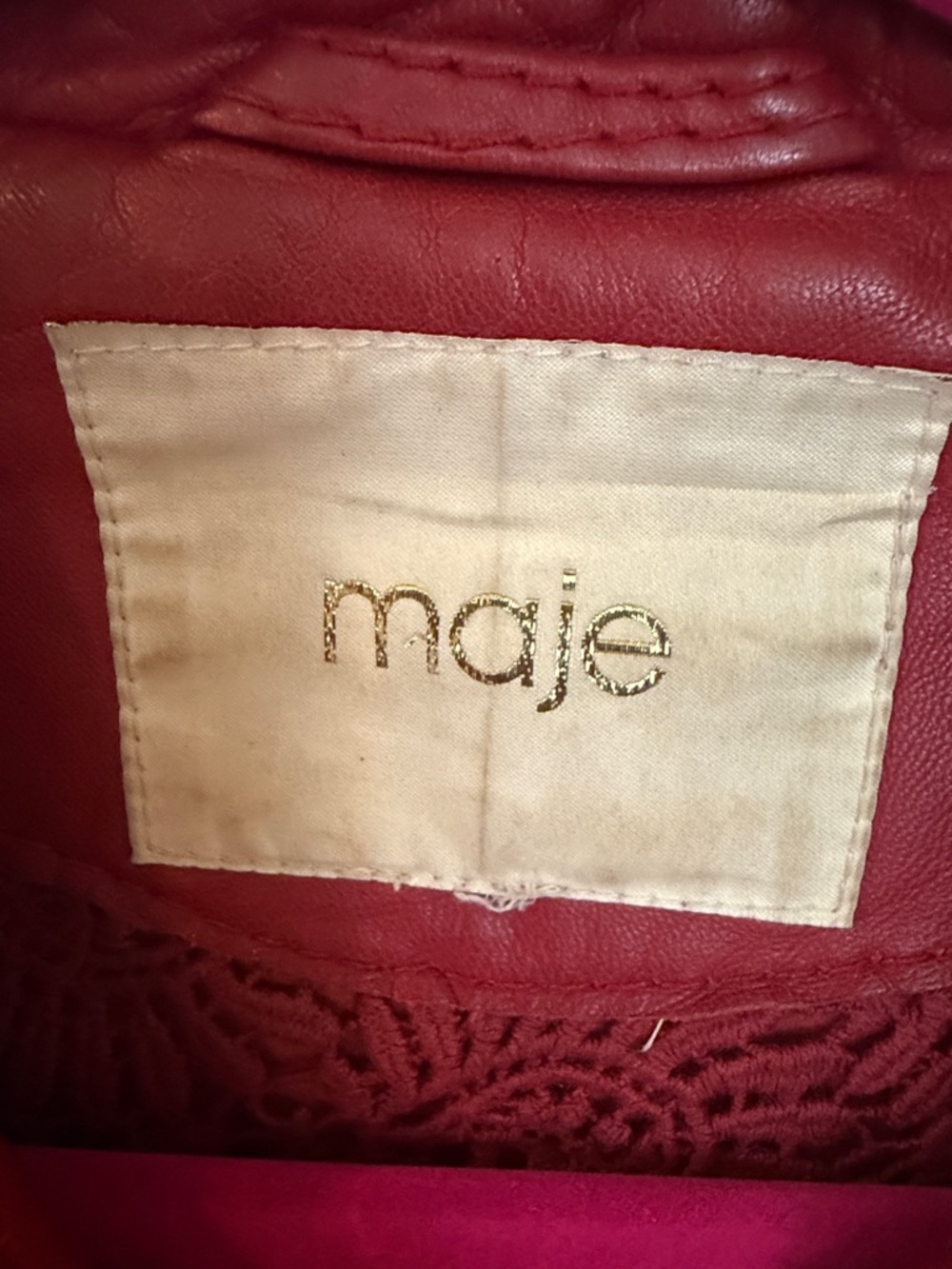 Maje Paris Red “Bonnie” Lamb Leather Moto Jacket with Asymmetrical Zip - Picture 2 of 6